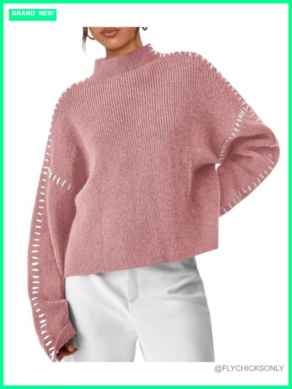 Oversized Chunky Knit Pullover Sweater Mock Neck Drop Shoulder Cropped